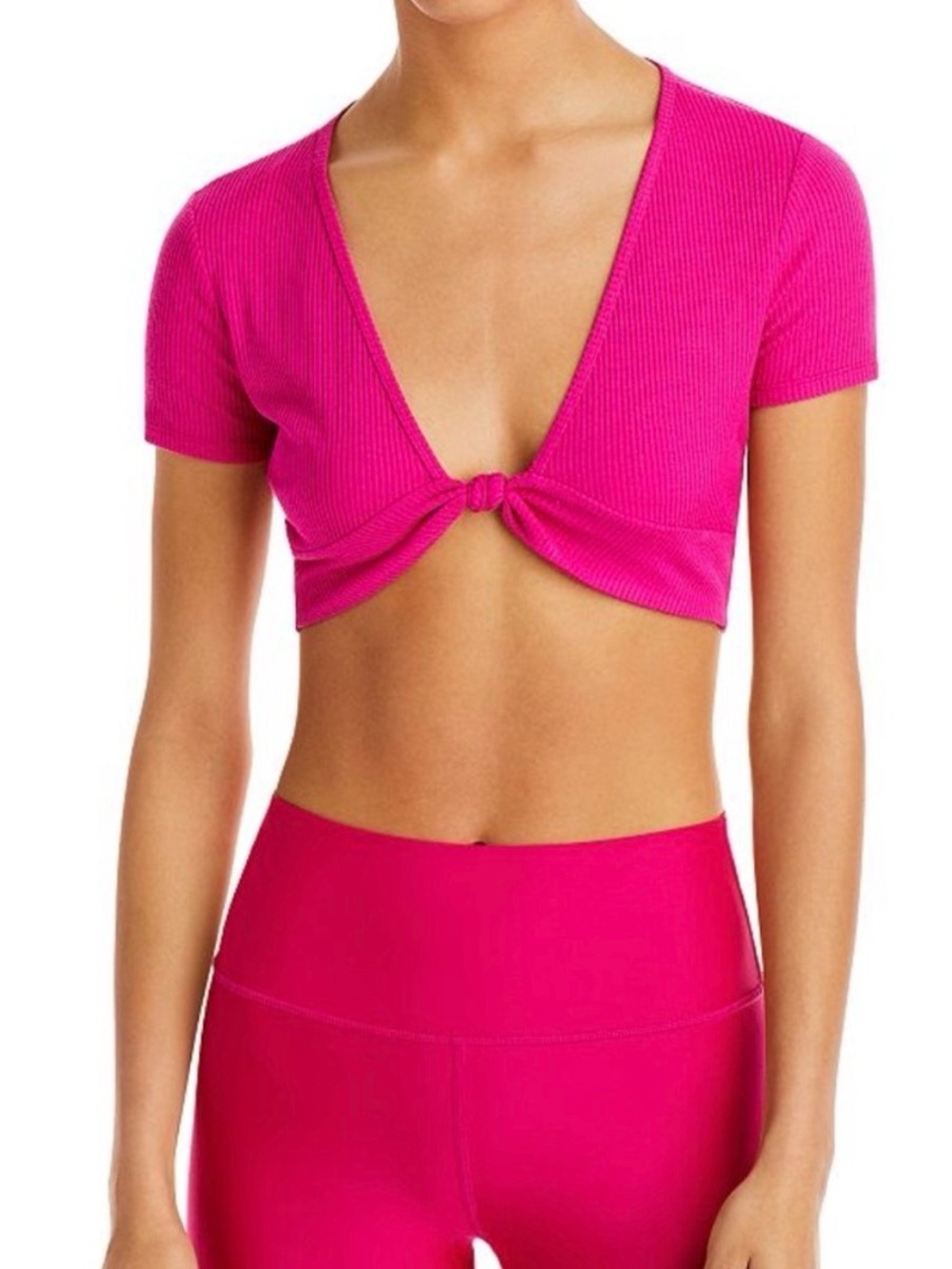Alo Knot-Front Ribbed Crop Top - Hot Pink